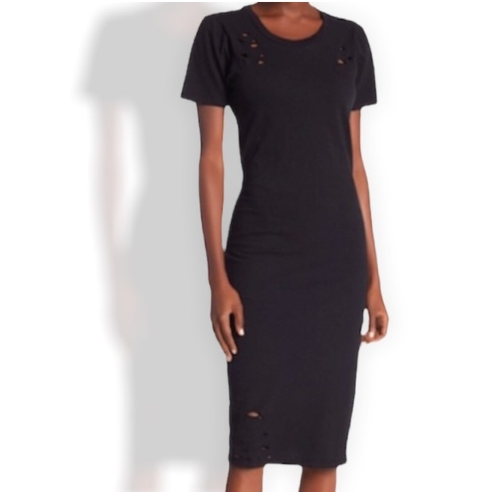 NWOT Abound Distressed Cotton Black Bodycon Short Sleeve Midi Dress Size Small